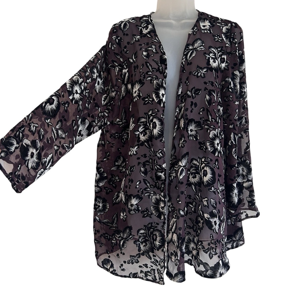 Onyx Nite Velvet Burnout Cardigan Jacket Sz 14 Floral Sheer Wendye Chaitin
